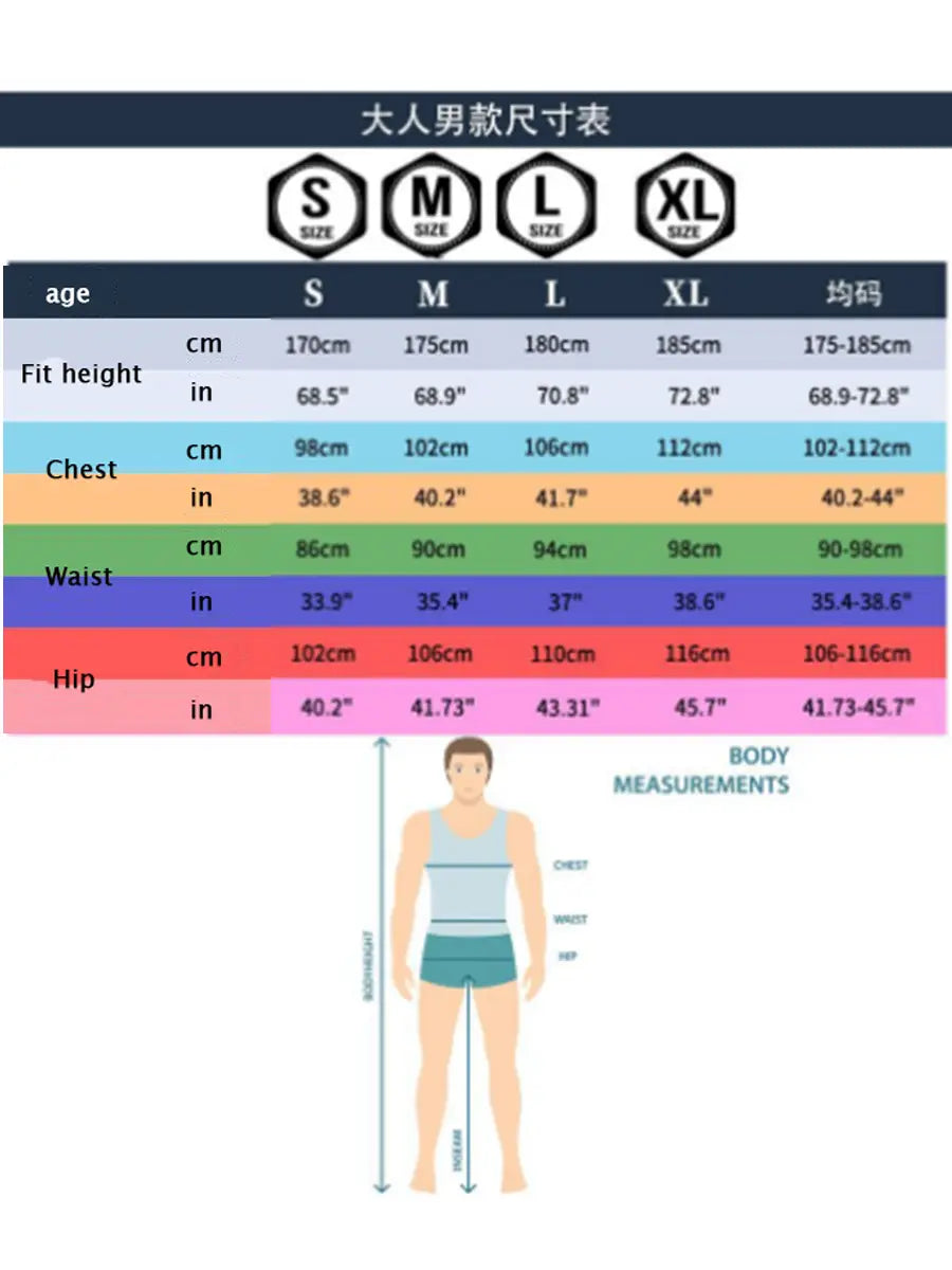 Tableau des tailles pour hommes (taille adulte) concernant le costume de squelette pour homme avec haut-de-forme, présentant des mesures en centimètres et en pouces pour les tailles S, M, L et XL, accompagné d’une silhouette masculine illustrée.