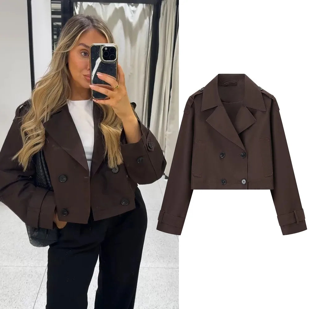 Brown Trench Coat Woman Long Sleeve Urban Solid Cropped Women's Trench Coat Casual Classic 2025 Trend Jackets Outerwears