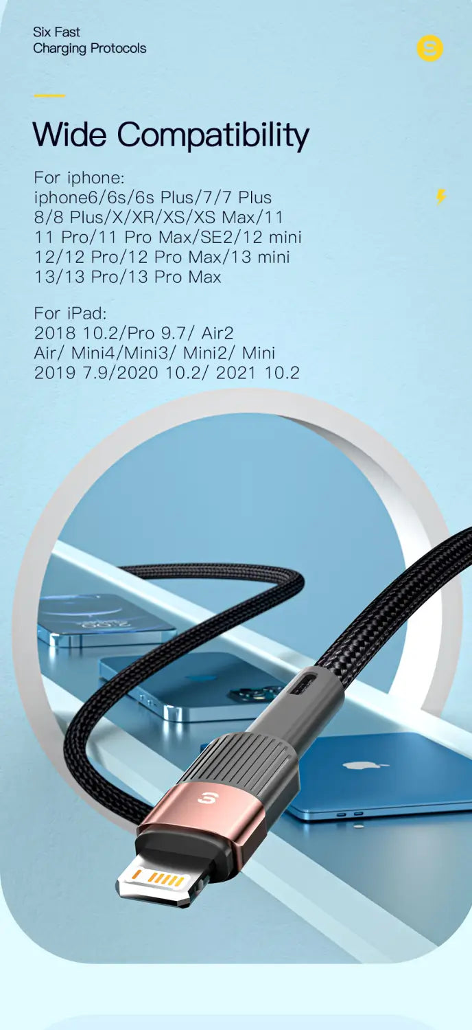 Essager iPhone-Schnellladekabel 2,4 A mit schwarzem geflochtenem USB-C-auf-Lightning-Kabel, mit roségoldenem Anschluss und strukturierter, grauer Griffzone.