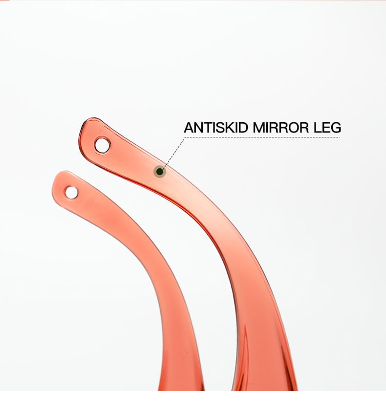 Transparent coral-colored plastic mirror legs with a sleek curved design featured on full face safety glasses protective face shield mask for enhanced protection glasses.