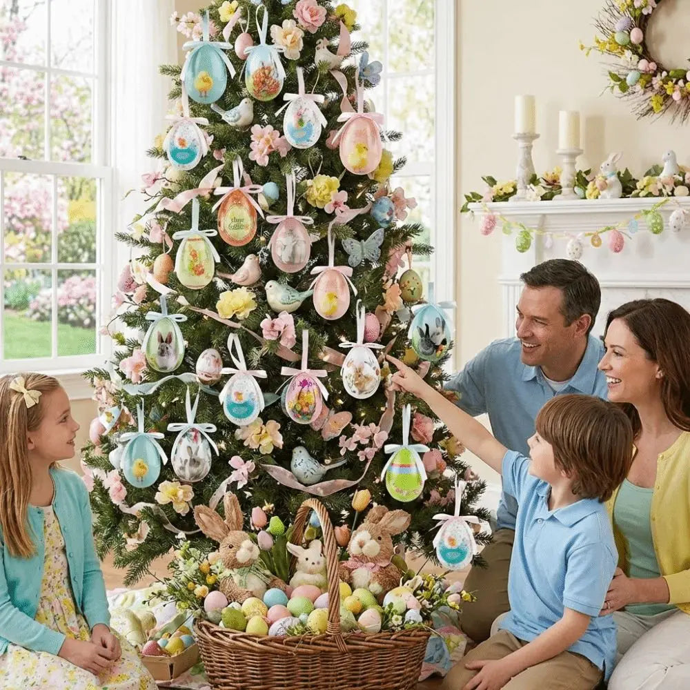 ein festlicher Osterbaum, verziert mit bemalten Schaumstoff-Ostereier-DIY-Bastelanhängern in Pastellfarben, mit plüschigen Hasen und zarten floralen Akzenten.