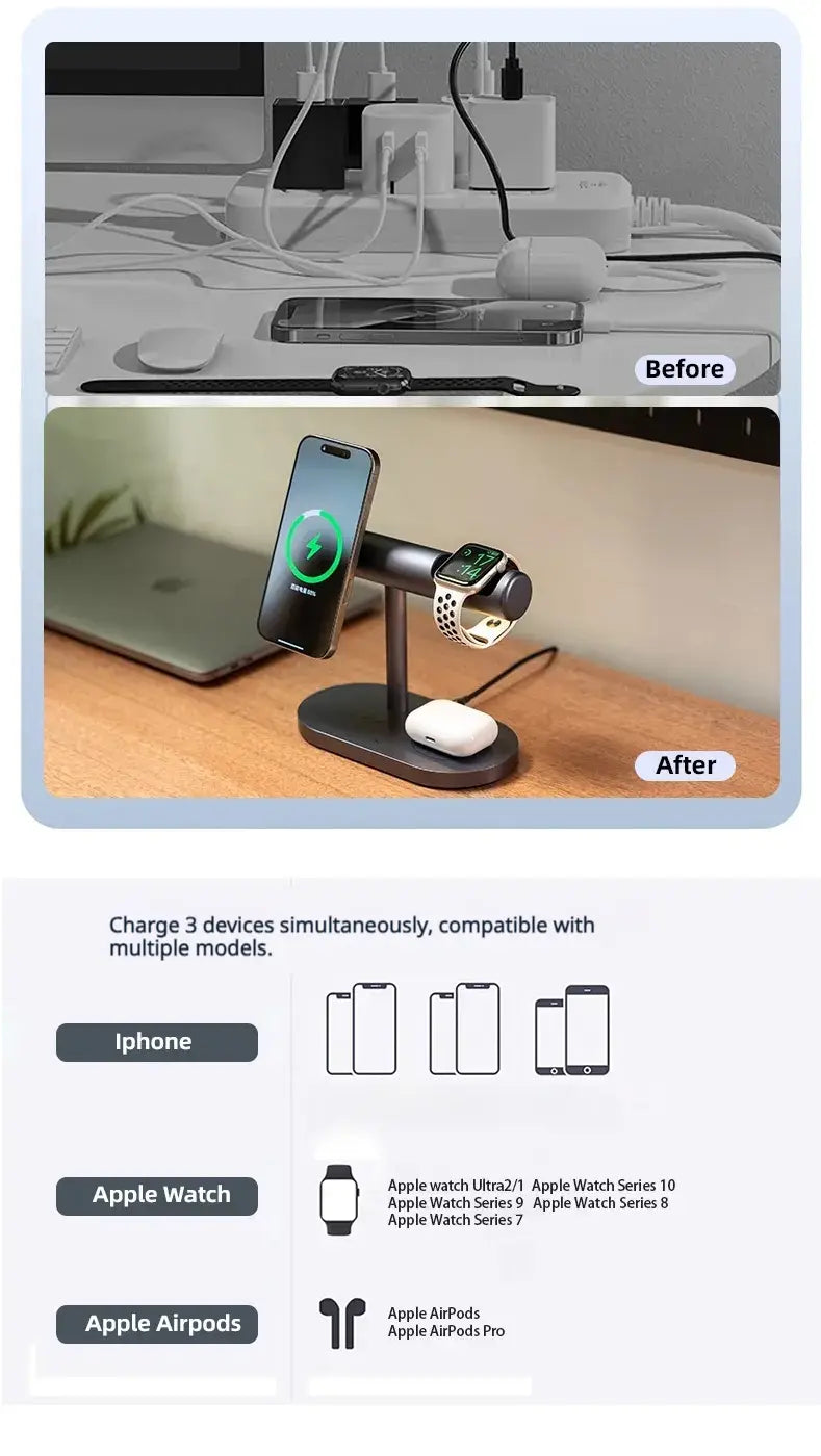 Station de charge sans fil 25 W 7-en-1 à charge rapide, avec base noire élégante et bras métalliques, conçue pour charger simultanément rapidement un iPhone, une Apple Watch et des AirPods Pro.