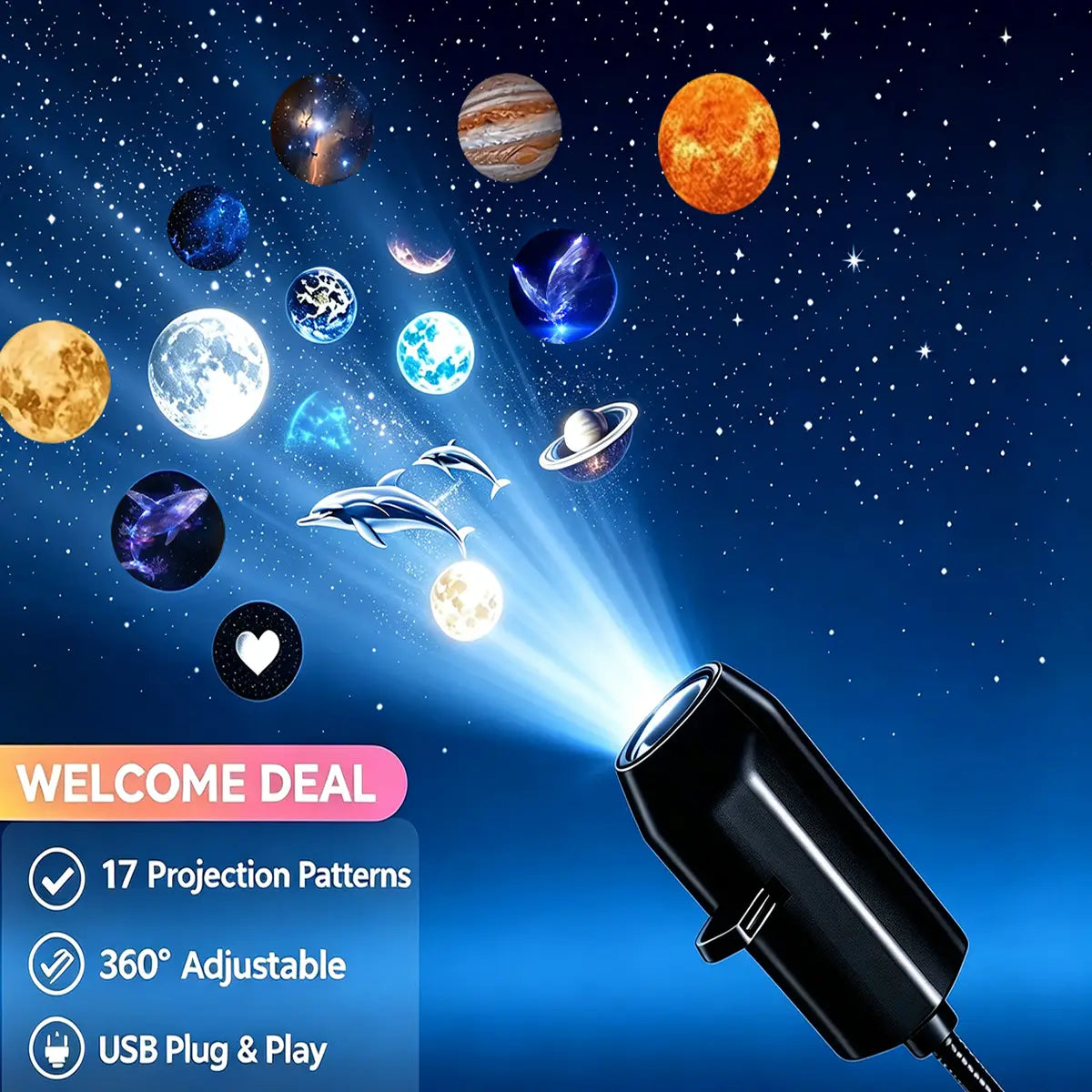 Projecteur mini LED noir alimenté par USB avec 17 motifs de projection et angle réglable pour une utilisation dans la voiture