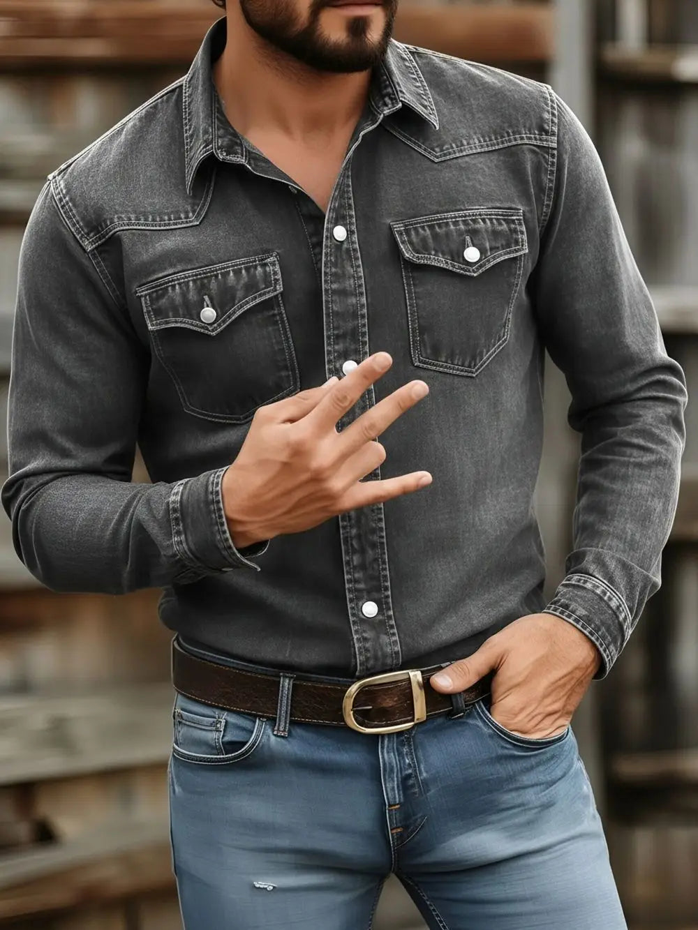 Men’s vintage dark gray denim long-sleeve button-up shirt with two chest pockets and white buttons designed for casual workwear.