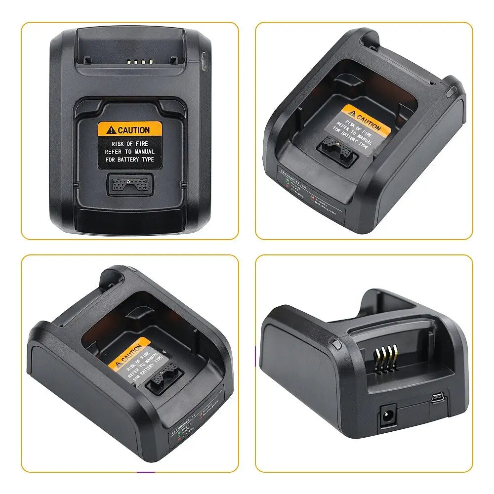 Chargeur intelligent NNTN8234A en plastique noir, avec étiquette d’avertissement et plusieurs ports de charge, compatible avec divers modèles de batteries pour radios Motorola.