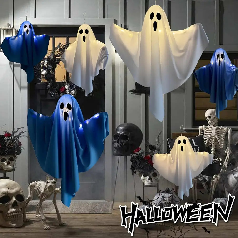 blue and white inflatable halloween ghost lights hanging from the ceiling as ghost pathway lights for outdoor decor plug in use