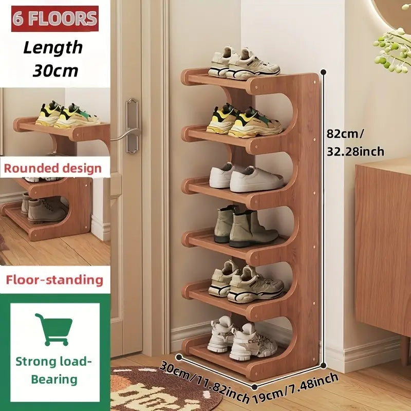 Meuble-bottes en bois brun à plusieurs niveaux, bords arrondis, comprenant cinq étagères, conçu pour un organisateur de rangement autoportant au sol.
