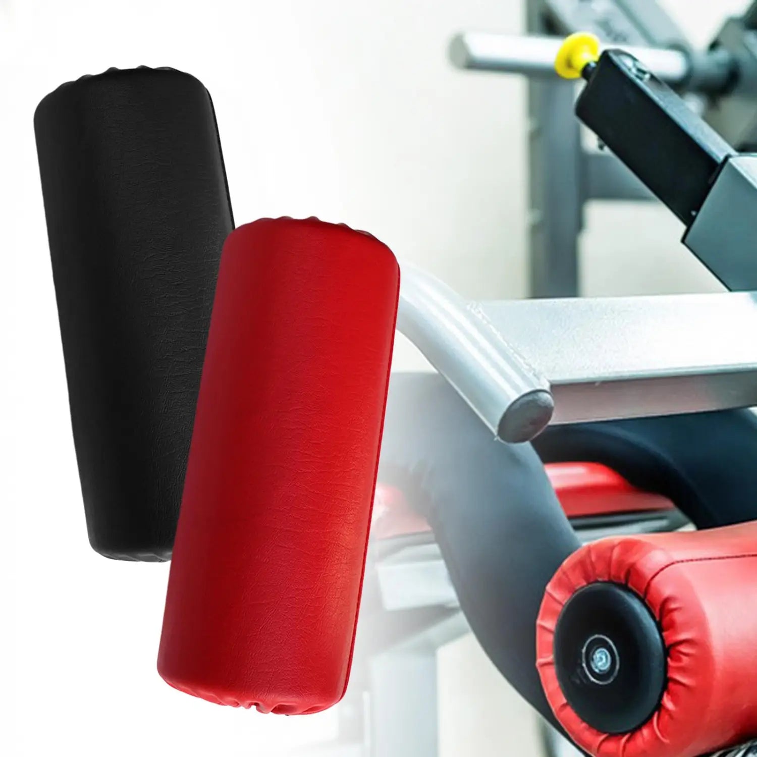 Ersatz-Schaumstoff-Rollenpolster für Trainingsgeräte mit roten und schwarzen zylindrischen Schaumstoffpolstern für die Polsterung von Fitnessgeräten.