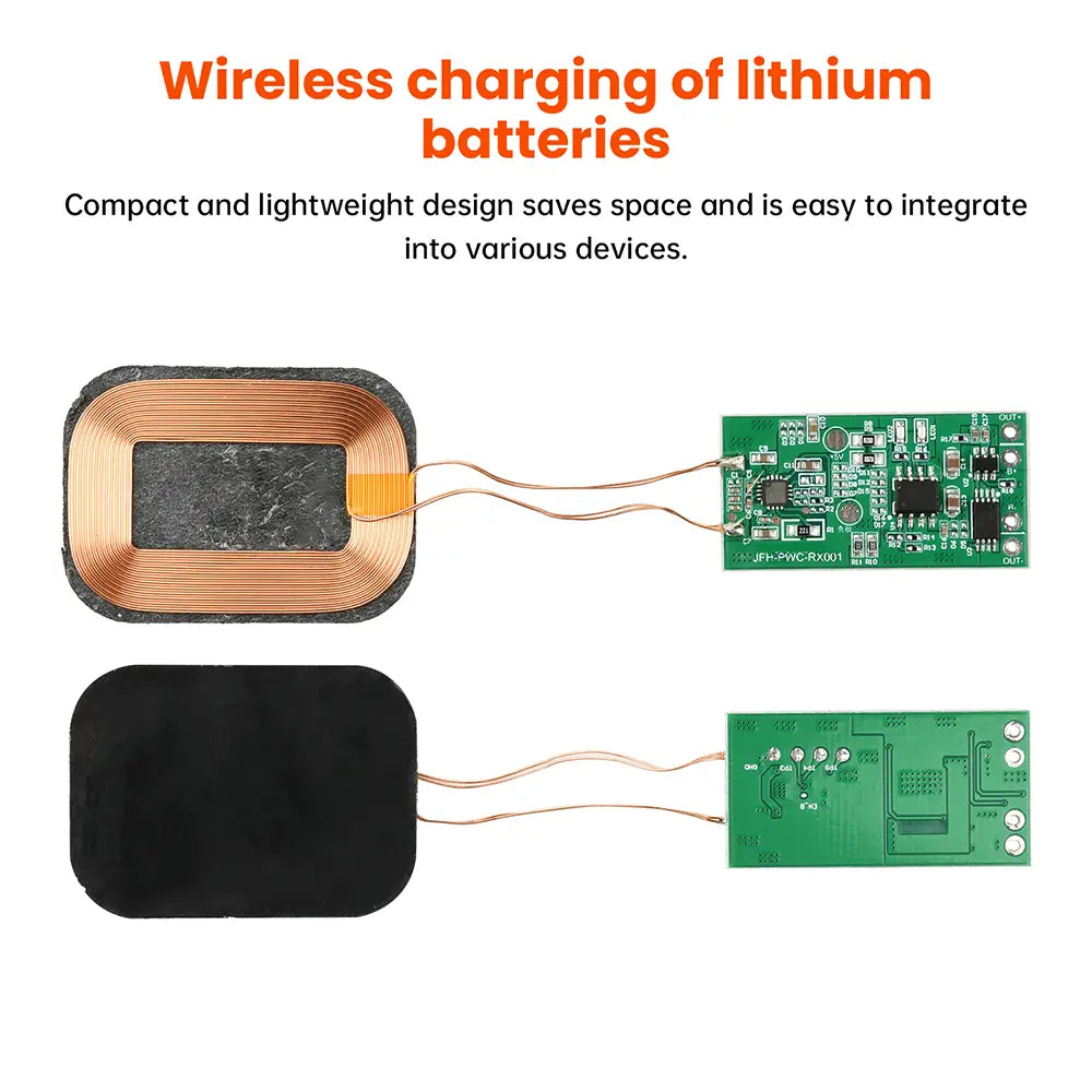 Compact copper-coil 5w wireless charging receiver module with black adhesive backing and green circuit boards for 3.7v lithium batteries shown from the back side.
