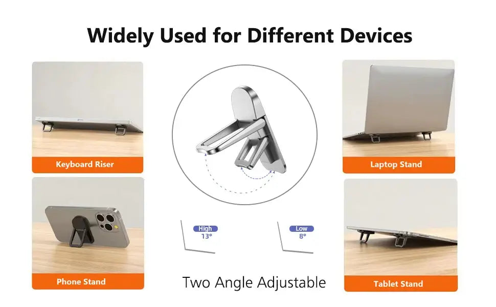 adjustable silver metal laptop stand designed as a portable foldable riser for laptops tablets and phones