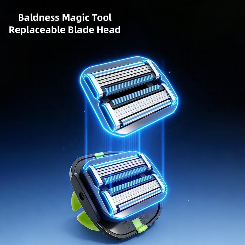 Cabezal de cuchillas reemplazable para afeitadora para arreglo de la calva con correa para el dedo de TPU, que presenta tres filas de cuchillas metálicas en plástico negro y verde lima con detalles azules luminosos.