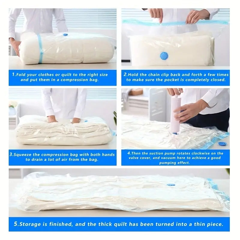 Sac de rangement sous vide en plastique transparent avec valve bleue et fermeture à glissière, conçu pour un rangement compressé des vêtements et des vêtements de bébé.