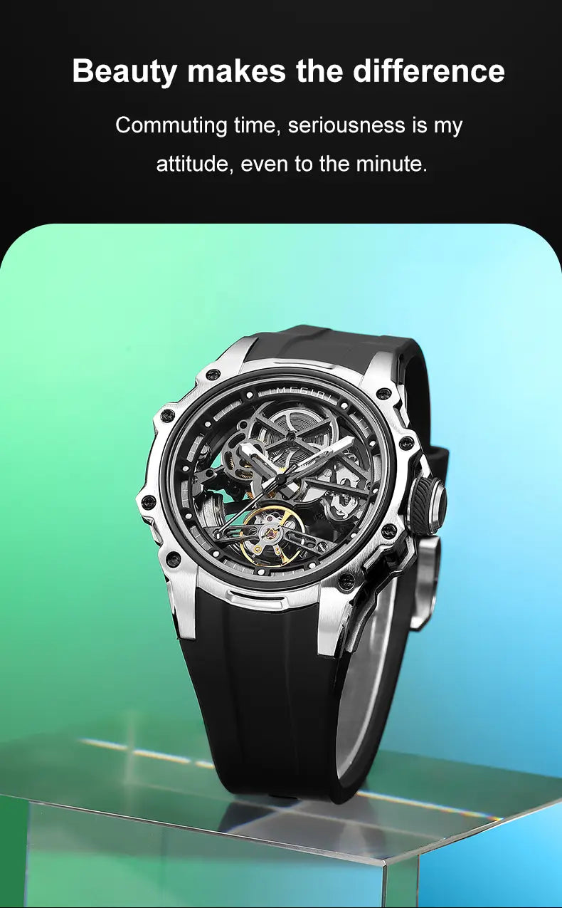 Megir automatic skeleton watch with a silver-toned case, exposed mechanical gears, and a white silicone strap.