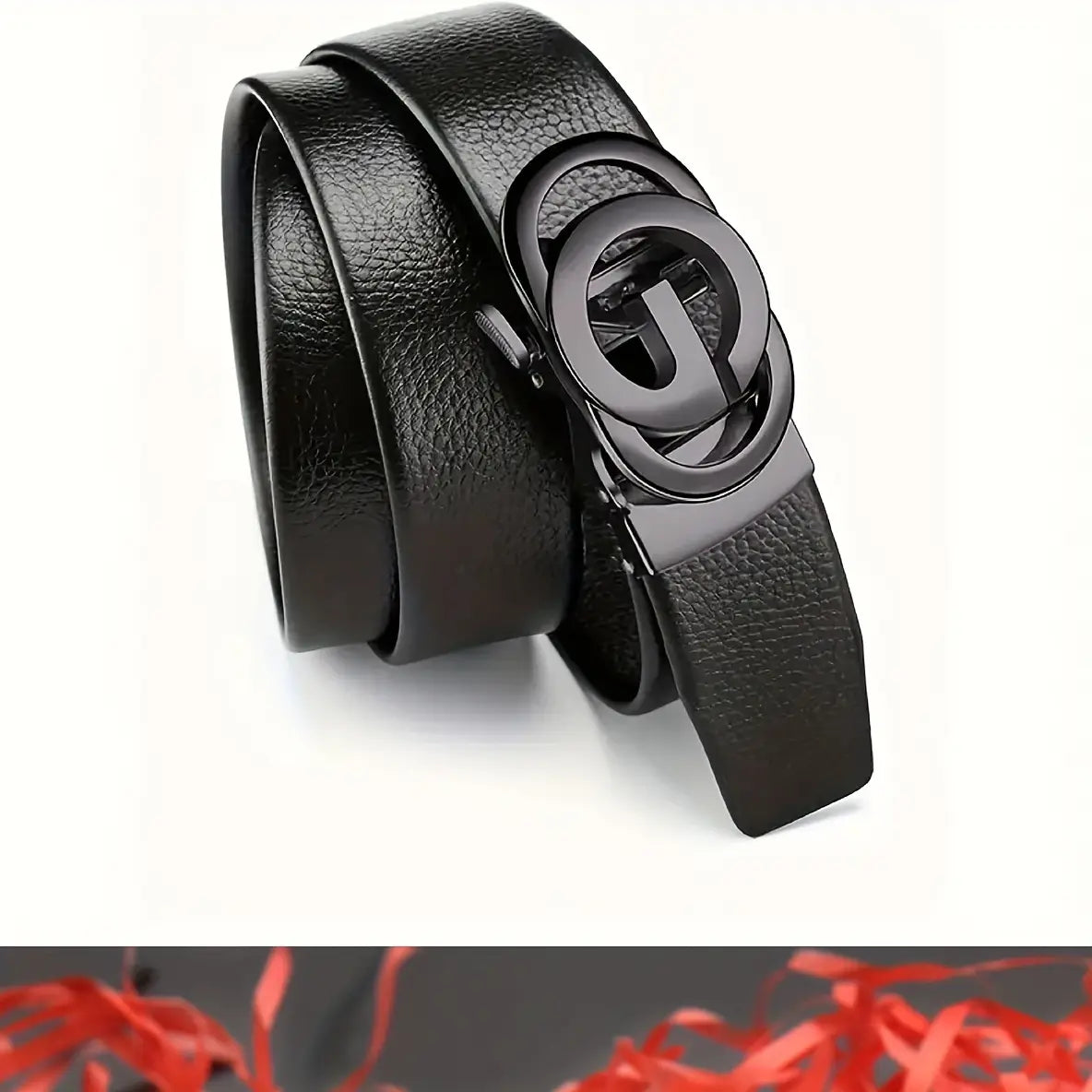 Mens automatic buckle leather belt in black featuring a sleek matte-finished metal buckle with an interlocking g logo.