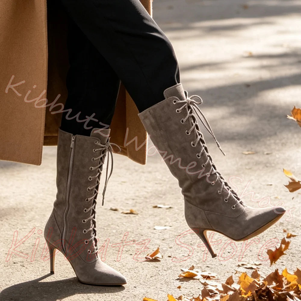 Suede Leather Ankle Boots Pointed Toe Stiletto Front Lace Up Side Zipper Solid Color Women Footwear Fashion Elegant Luxury New