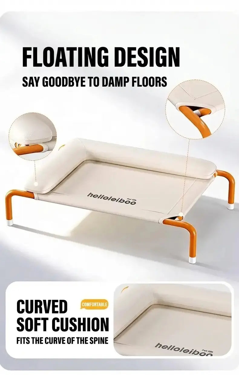 Beige floating dog bed with orange curved metal frame and soft cushioned surface designed as an elevated pet cot with white mesh.