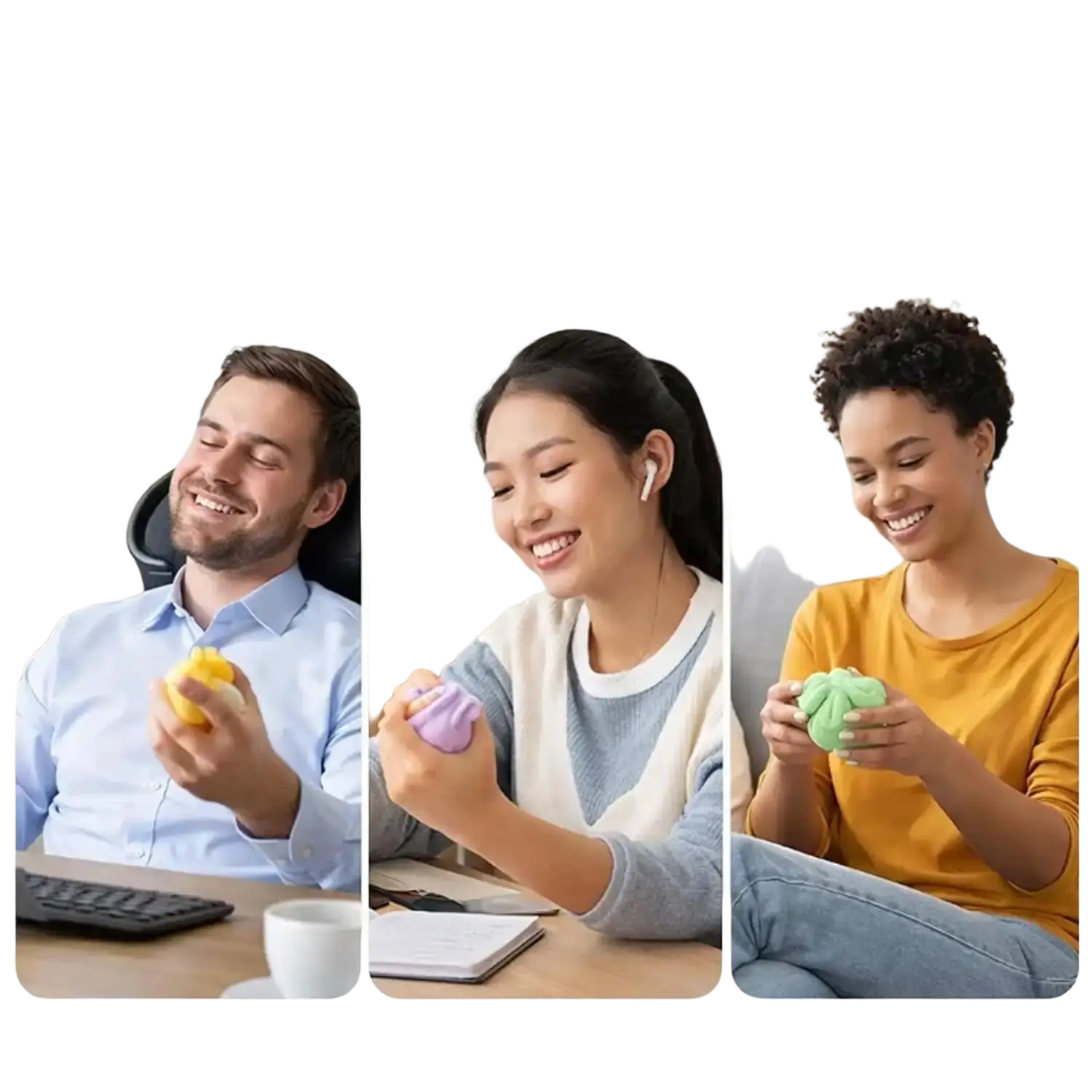 une vue de face de jouets sensoriels en forme de ravioli compressibles colorés sous forme de balles anti-stress en silicone jaune, violet et vert