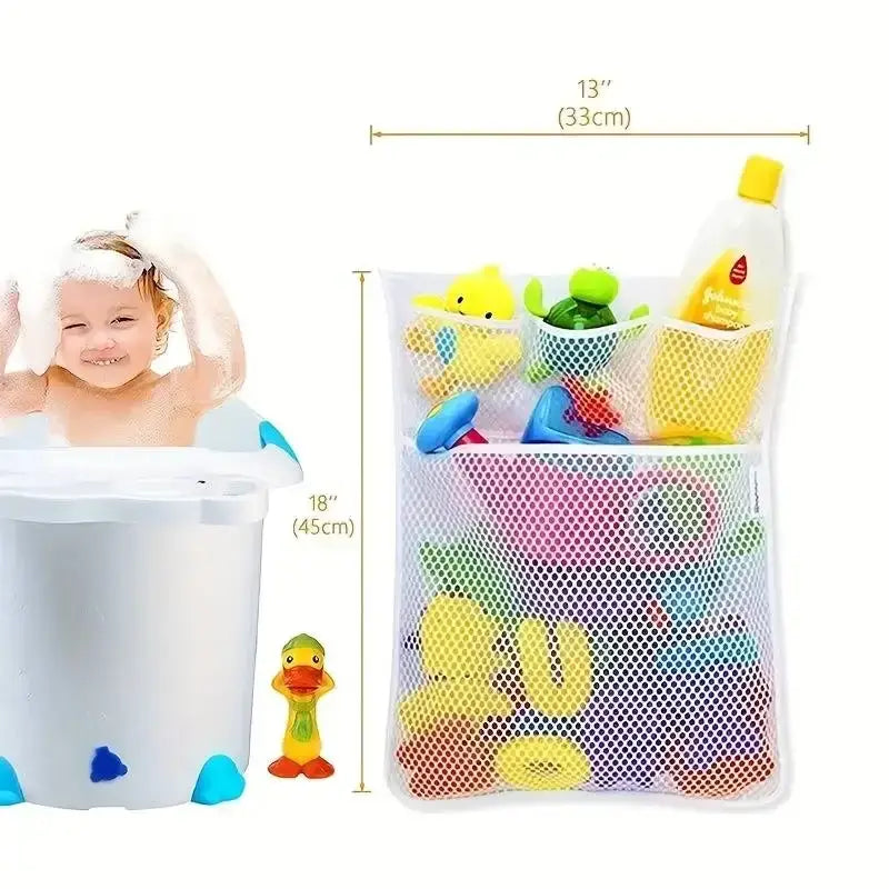 White mesh bath toy storage bag with suction cups featuring multiple compartments holding colorful rubber duck toys and a bottle of shampoo.