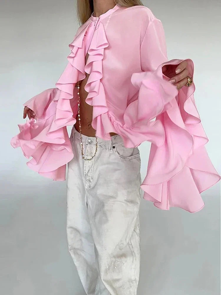 Women's Elegant Ruffle Single Breasted Shirts Casual O-Neck Sleeve Blouses Fashion Lady Temperamentigan Shirts Tops for Spring