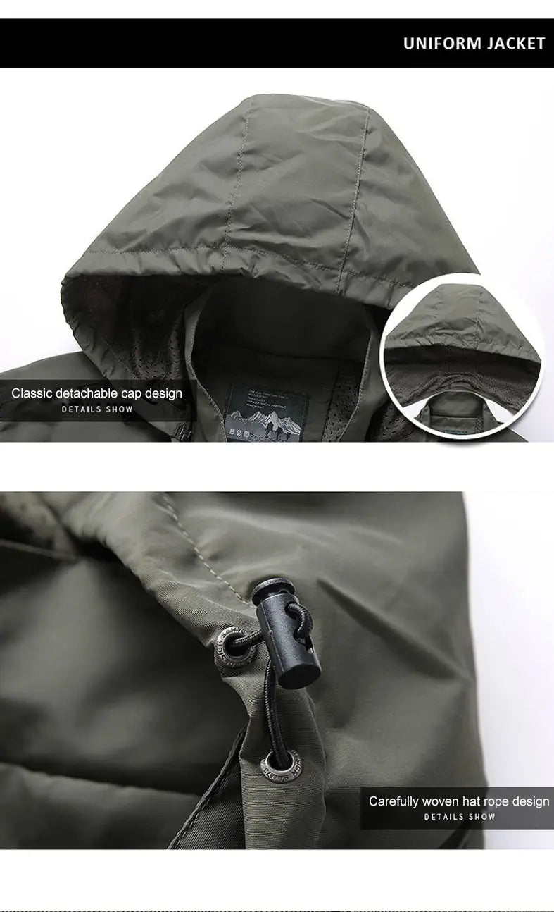 chaqueta cortavientos impermeable verde oliva para hombre de Naturehike, con una capucha clásica desmontable y cordón cuidadosamente tejido para ajustar la talla de forma precisa