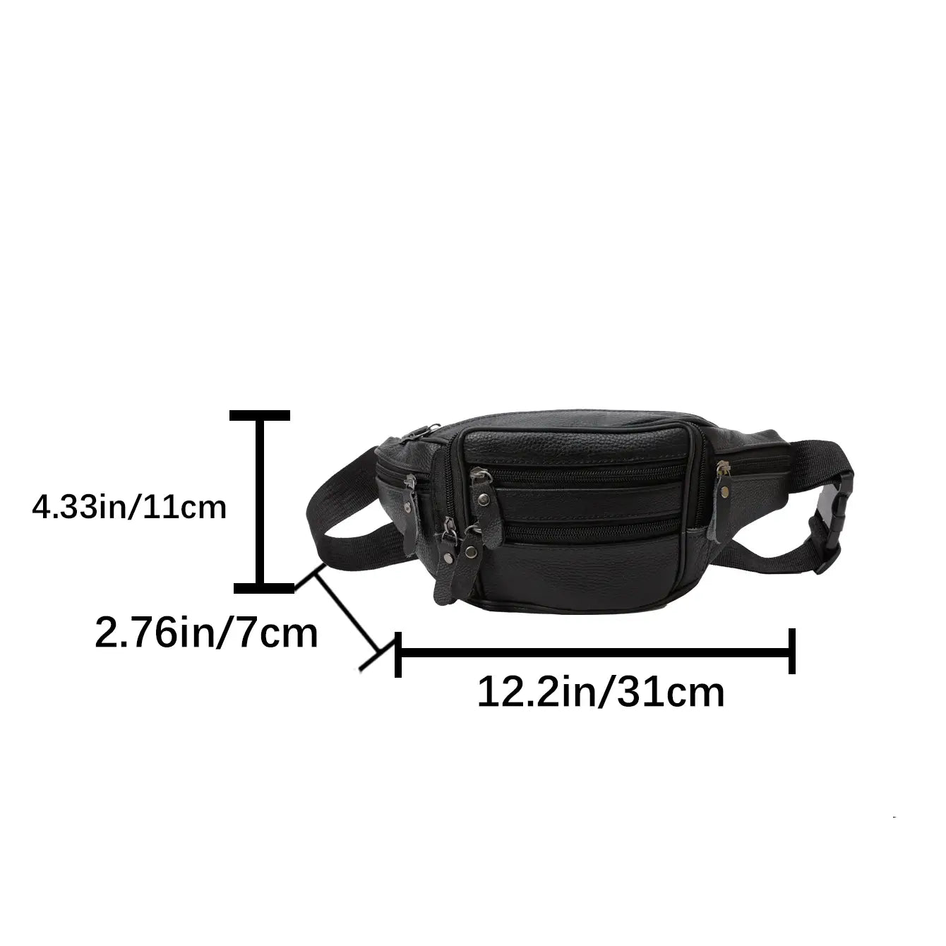 Schwarze Gürteltasche aus echtem Leder mit mehreren Reißverschlussfächern und verstellbarem Riemen zur Verwendung als Crossbody- oder Bauchtasche.