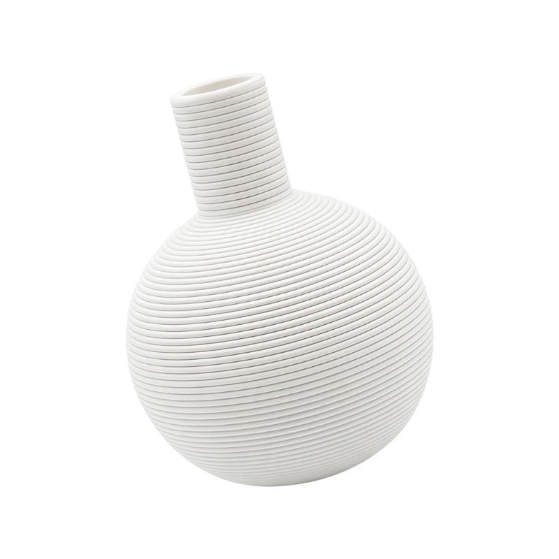 Vase décoratif en céramique blanc, pièce unique, à corps arrondi et texture cannelée, idéal comme pot à fleurs décoratif, pièce unique.
