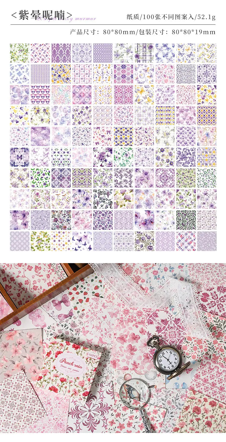 A collection of vintage scrapbooking paper and journaling supplies featuring delicate pastel-toned floral and damask-patterned washi paper sheets in soft pinks, purples, and lavenders.