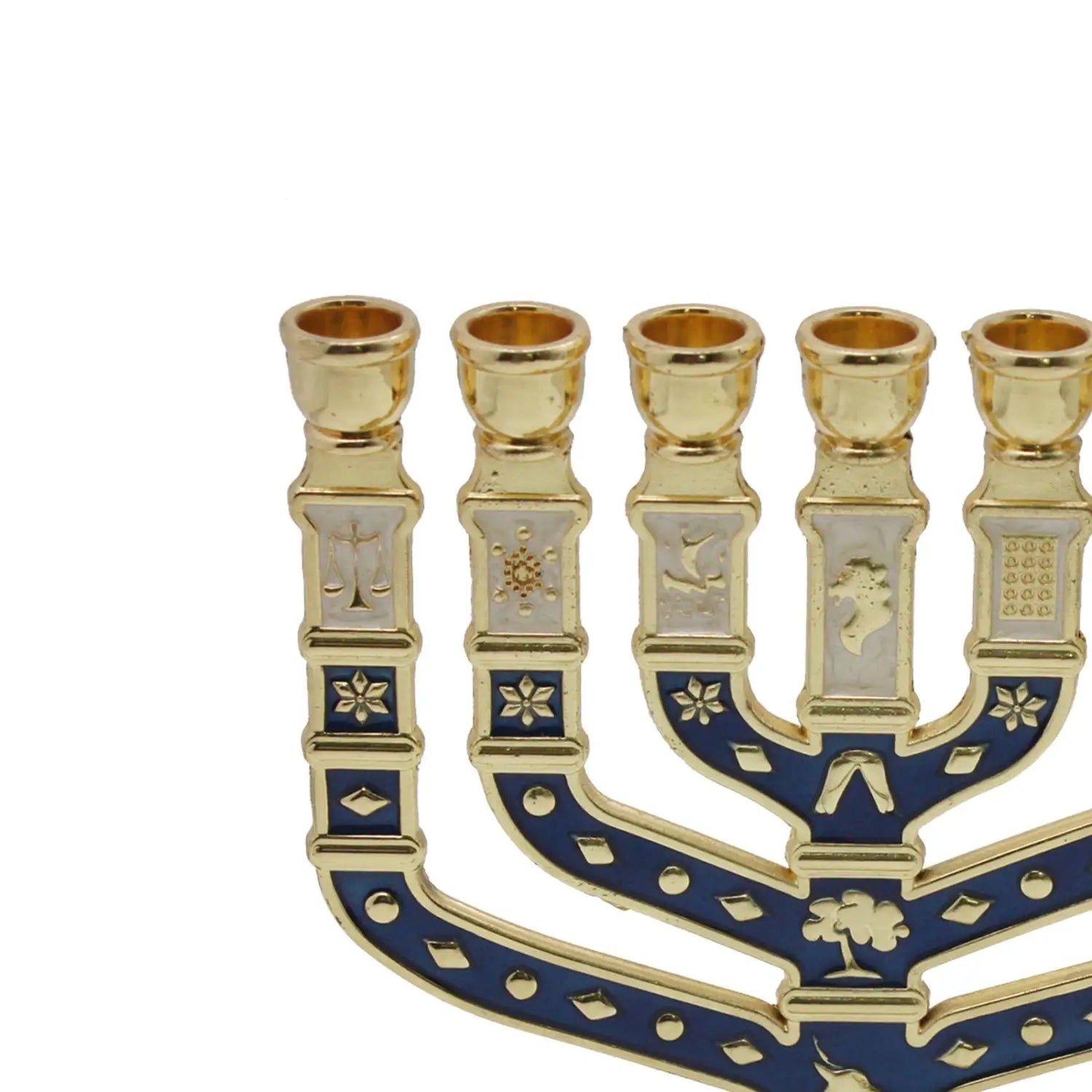 Menorah Candelabrum Ornament with Gold Accents Table Centerpiece Candlestick for Living Room Banquet Christmas Home Decor Gold and blue enamel menorah candelabrum with intricate engraved designs on each of its five arms for living room home decor.