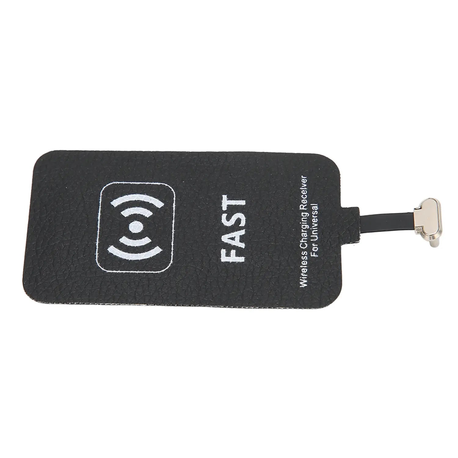 Black textured wireless charging receiver with white fast branding and a metallic type C connector for wireless charging receiver 10w use