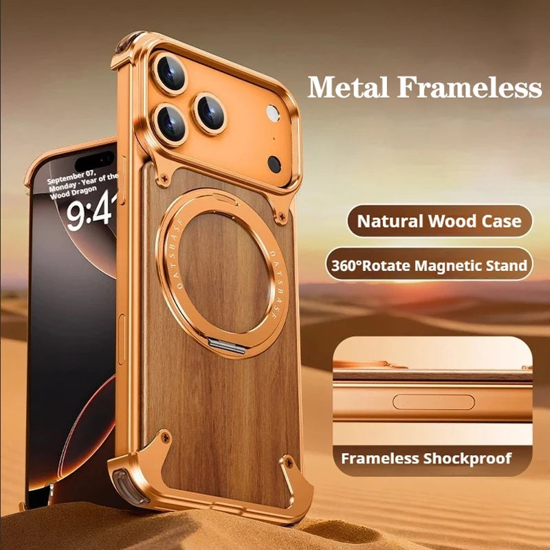 Eary Magnetic Wooden Case for iPhone 18 17 Pro Max Air for MagSafe Wireless Chargers 360°Rotate Stand Aluminum Solid Wood Shells