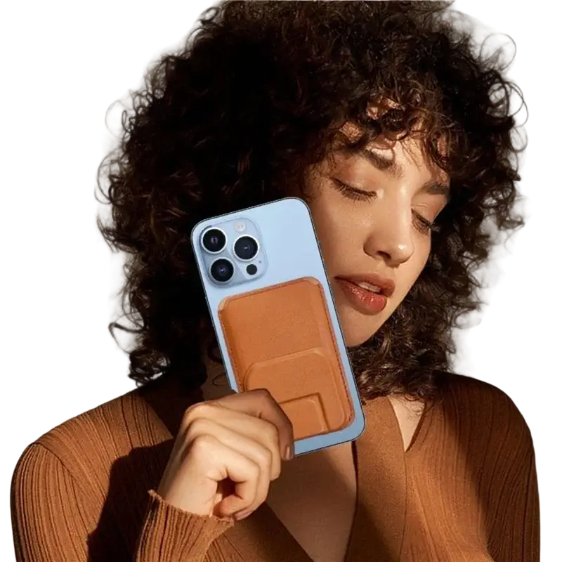 Light blue phone case with tan leather phone card holder attached to the back for magnetic stand phone card use