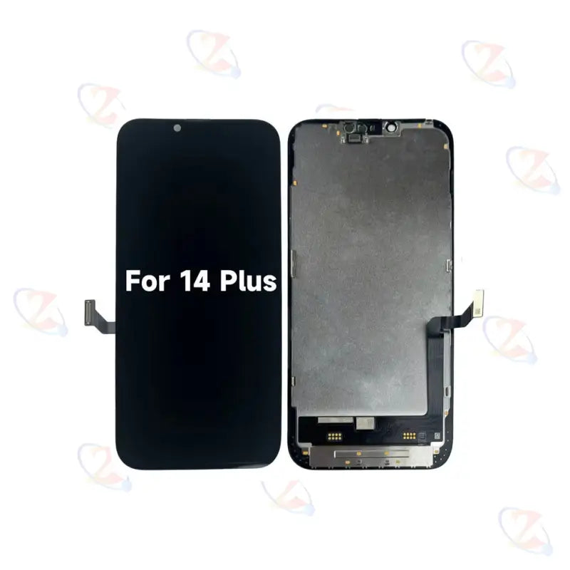 Schwarze Touchscreen-Baugruppe für iPhone 14 Plus, mit Vorder- und Rückansicht sowie sichtbaren Anschlüssen, kompatibel mit der originalen iPhone-14-Pro-Max-LCD-Bildschirm-Baugruppe und frei von chemischen Stoffen mit hoher Besorgnis.