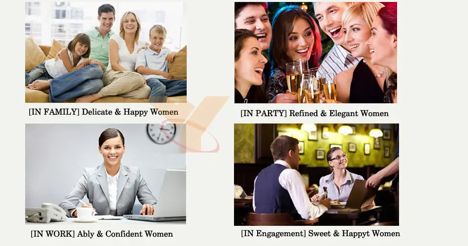 La imagen muestra cuatro escenas con mujeres en entornos diversos que presentan un collar tipo gargantilla con circonita cz en forma de gota de lágrima, destacando a mujeres delicadas y felices en un ambiente familiar, mujeres refinadas y elegantes en una fiesta, y mujeres segura y competentemente confiadas en un entorno de oficina.