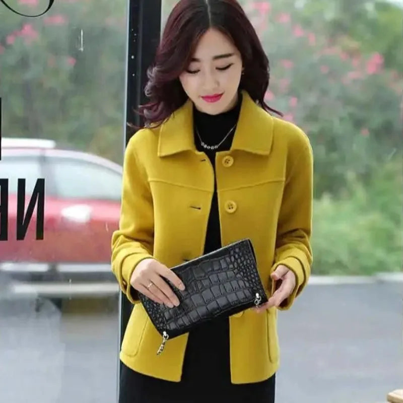 Women's Wool & Blends Coat Half Short Yellow Plain Ladies Jackets Medium Novelty Winter Clothes 2025 on Sale Casual Fashion Hot