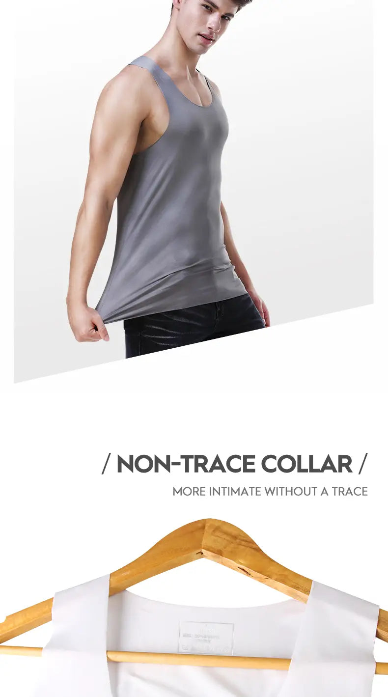 Débardeur de sport pour hommes en soie de glace, sans coutures, gris, sans manches, avec un col sans traçage.