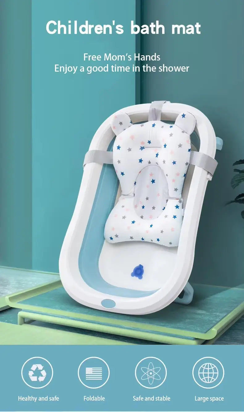 White and light blue foldable children’s bath mat with star-patterned cushion designed as a baby bath seat floating newborn tub support cushion.