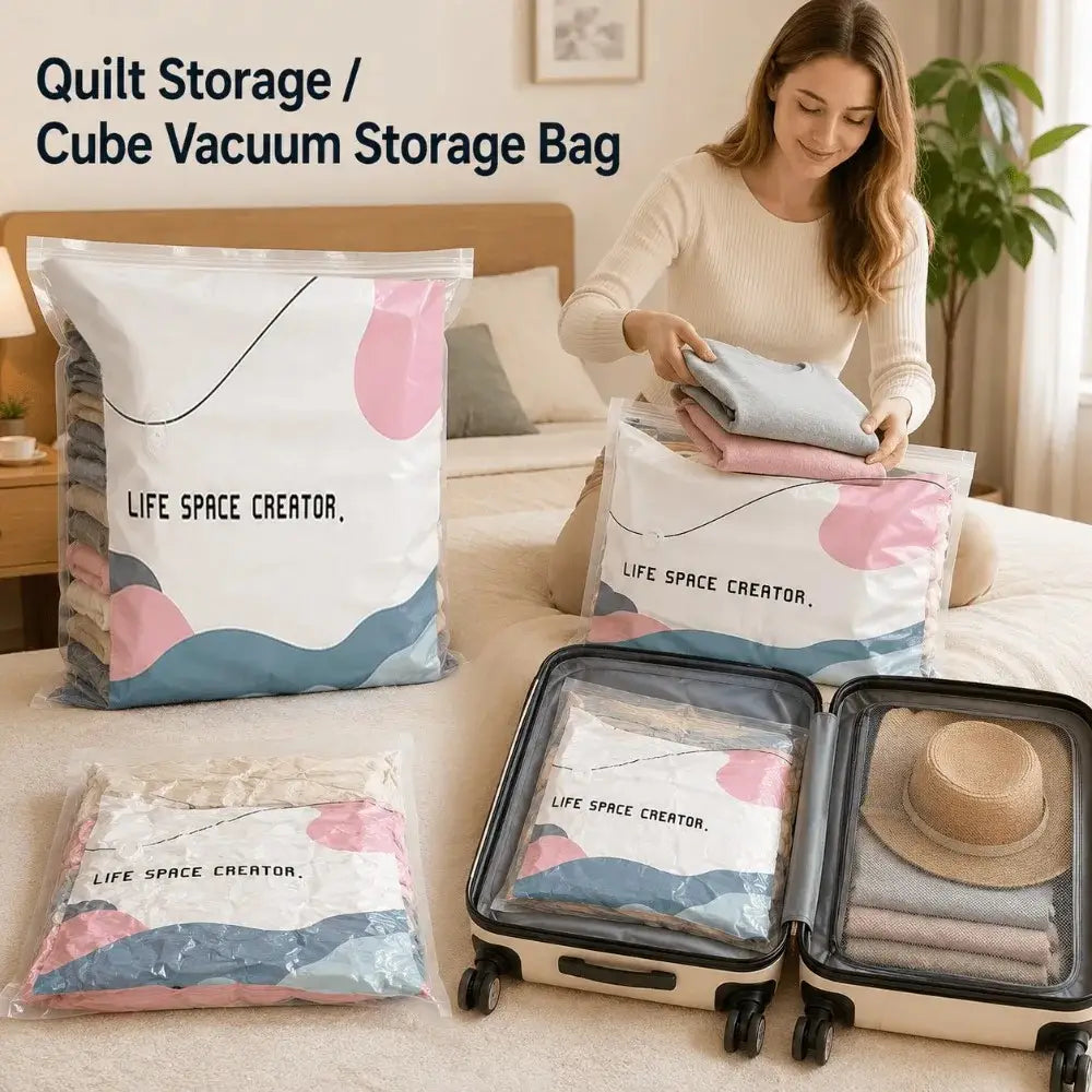 Große Vakuum-Aufbewahrungsbeutel für Kleidung und Quilts aus transparentem Kunststoff mit abstrakten Wellenmustern in Rosa, Blau und Weiß sowie darauf aufgedrucktem Life Space Creator.