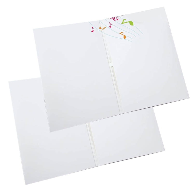 white paper folder with colorful musical notes printed along the top edge for a recordable voice greeting card wedding diy audio card.