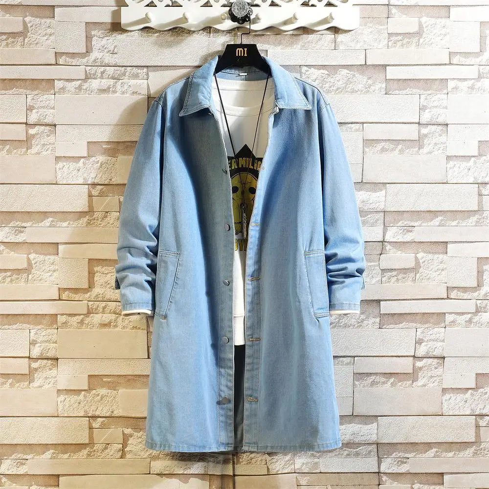 High Street Men's Trench Coat M-5XL Long Style Washed Retro Blue Black Denim Jacket Vintage Outerwear for Spring Autumn