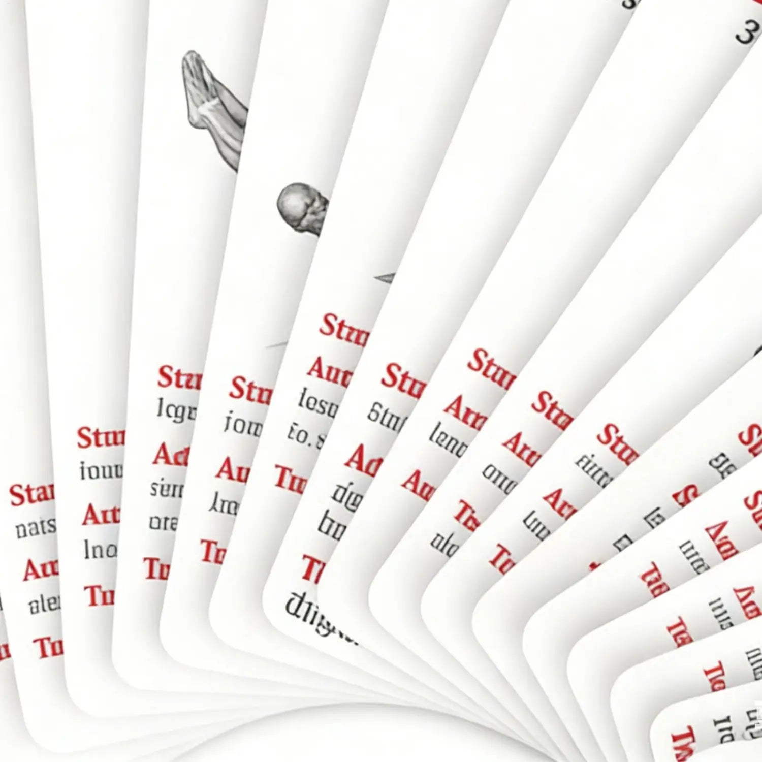 white playing cards with black anatomical illustrations and red text from a workout cards fitness exercise deck designed for home and gym use