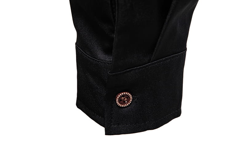Men asymmetrical slant collar long sleeve casual shirt featuring a black satin cuff with a rose gold-toned button.