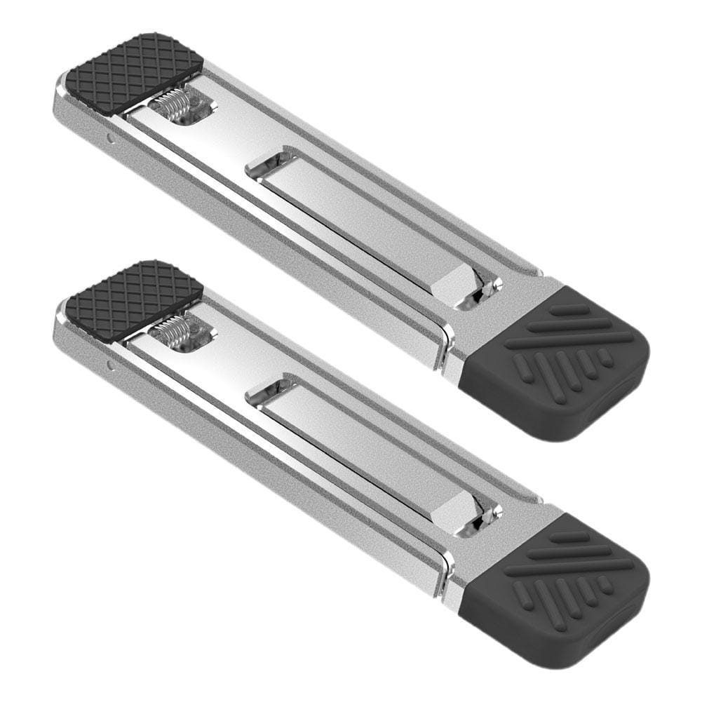 Supports portables pliants pour ordinateur portable en métal argenté et aluminium avec patins en caoutchouc noir et prises texturées, pour une stabilité accrue.