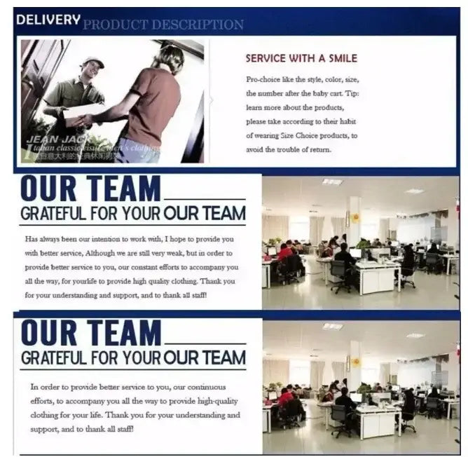 The promotional webpage for jean jack features the men everlast logo hoodie fleece casual pullover showcasing the product description, team acknowledgments, and office imagery.