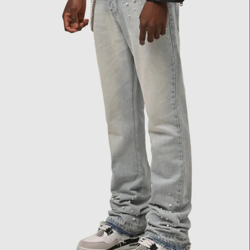 2025 New men's denim European and American street fashion Instagram hot item elastic stacked denim straight leg pants