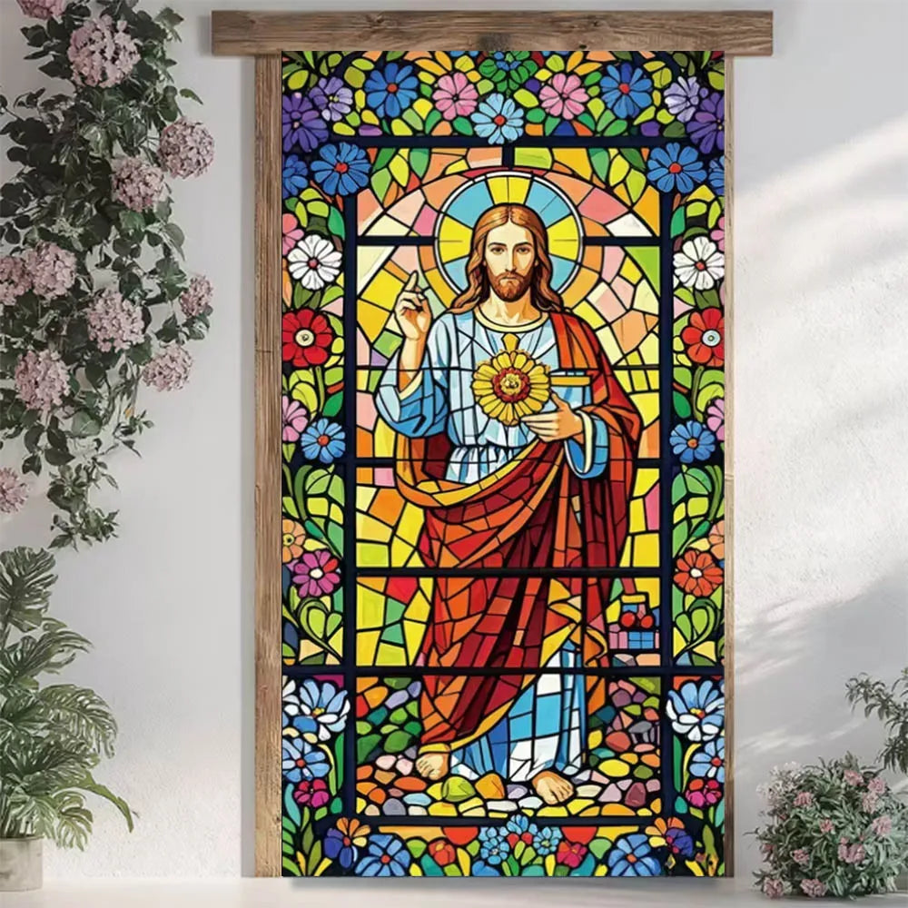 Religiöse Oster-Jesus-Türverkleidung mit einem lebendigen Deko-Aufkleber im Stil von Buntglas: eine zentrale Figur mit langem braunem Haar und Bart, umgeben von farbenfrohen floralen Mustern in Blau, Pink, Gelb, Rot und Grün.