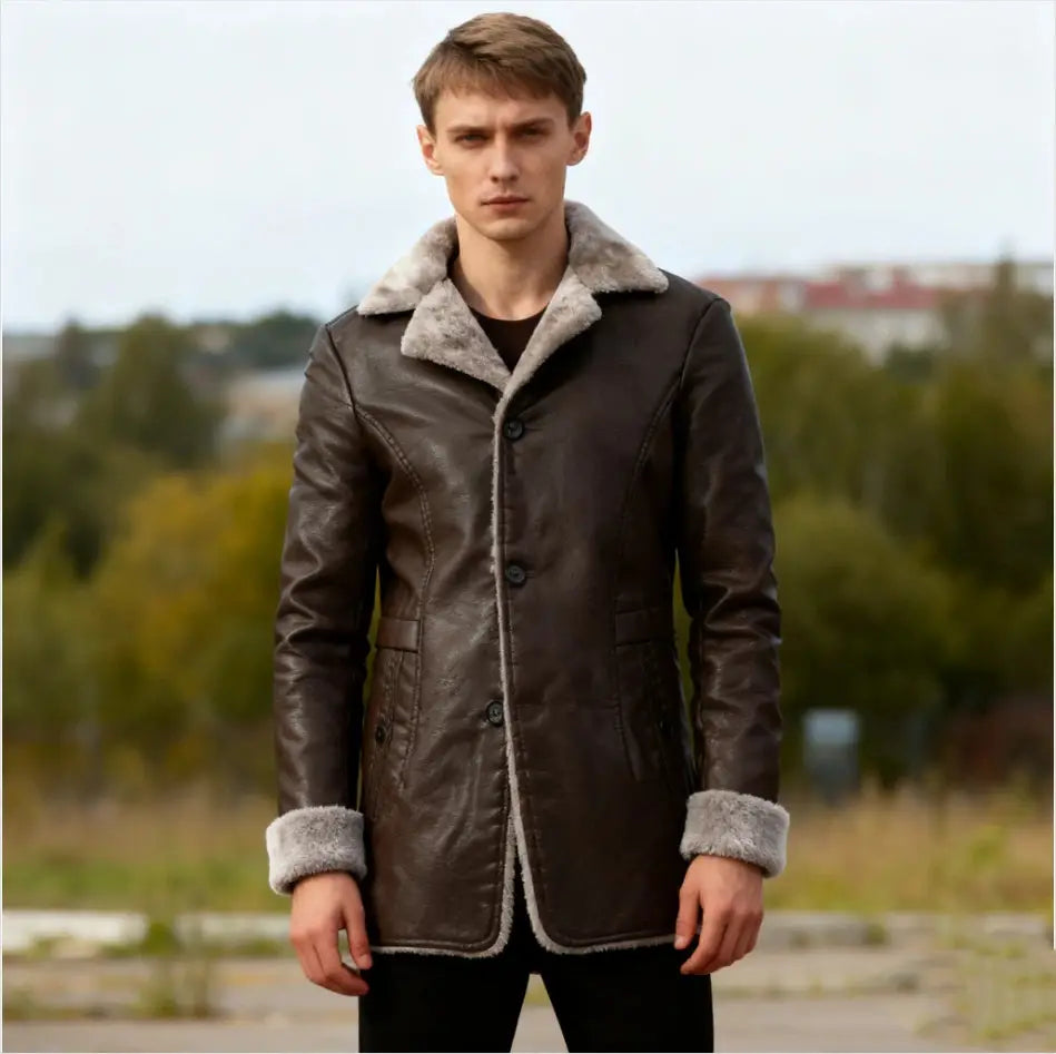 gabardina de cuero para hombre de color marrón oscuro con chaqueta de invierno, forro de borreguillo claro gris y puños.