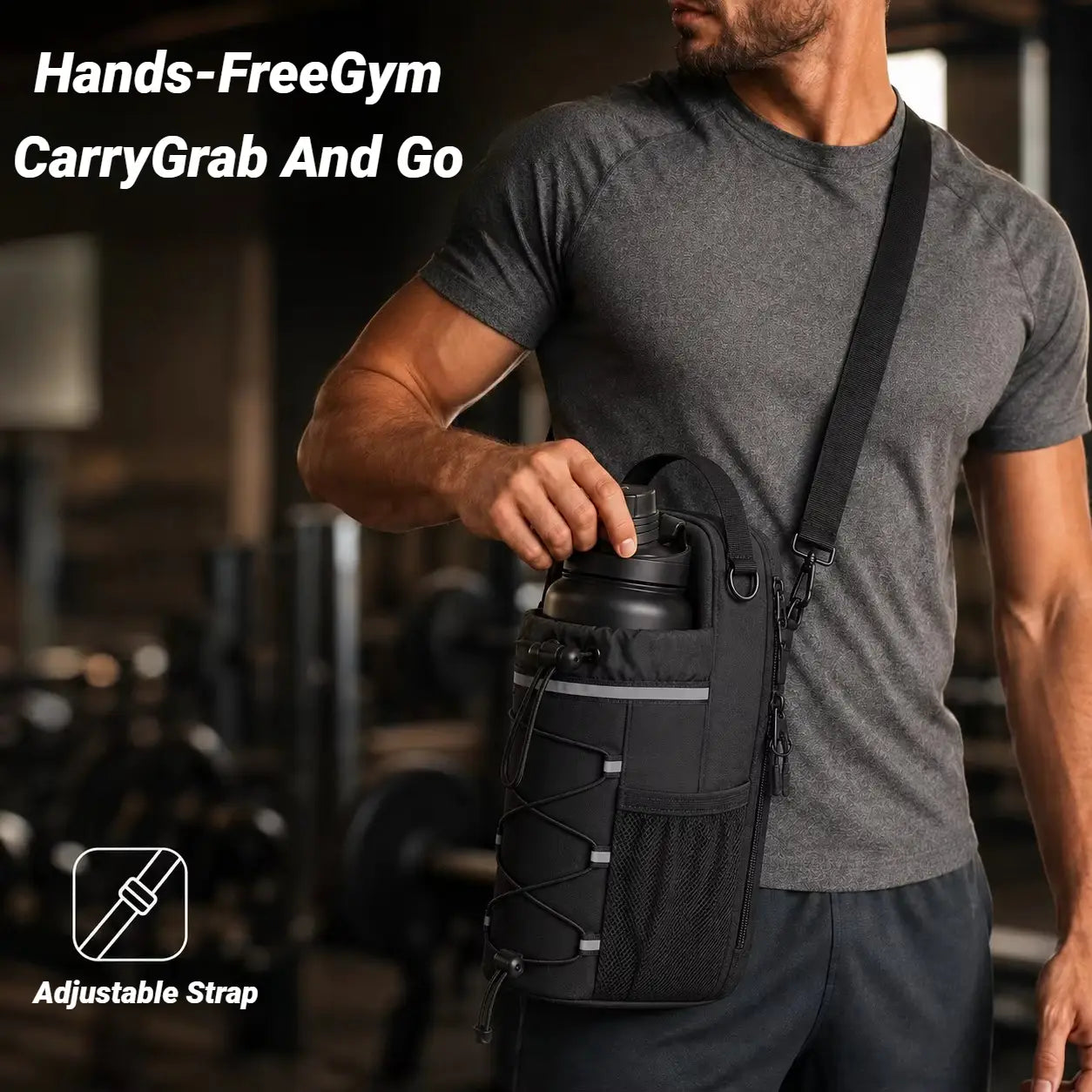 Black hands free gym carry grab and go magnetic gym bottle bag with adjustable strap and mesh pockets designed for easy portability and convenience.