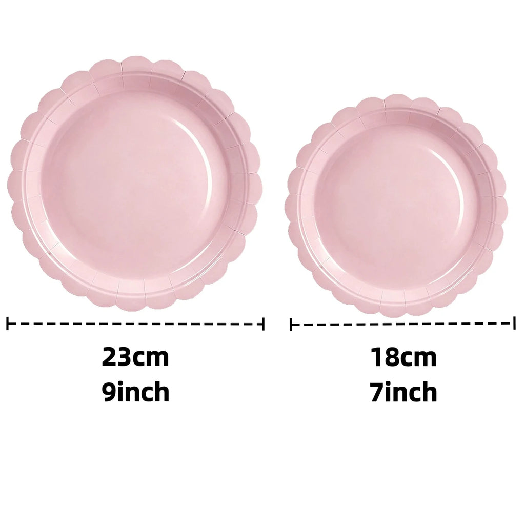 Pink Party Tableware Set Scalloped Edge Paper Plates Cups Napkins Disposable Dinnerware for Birthday Baby Shower Wedding Decor