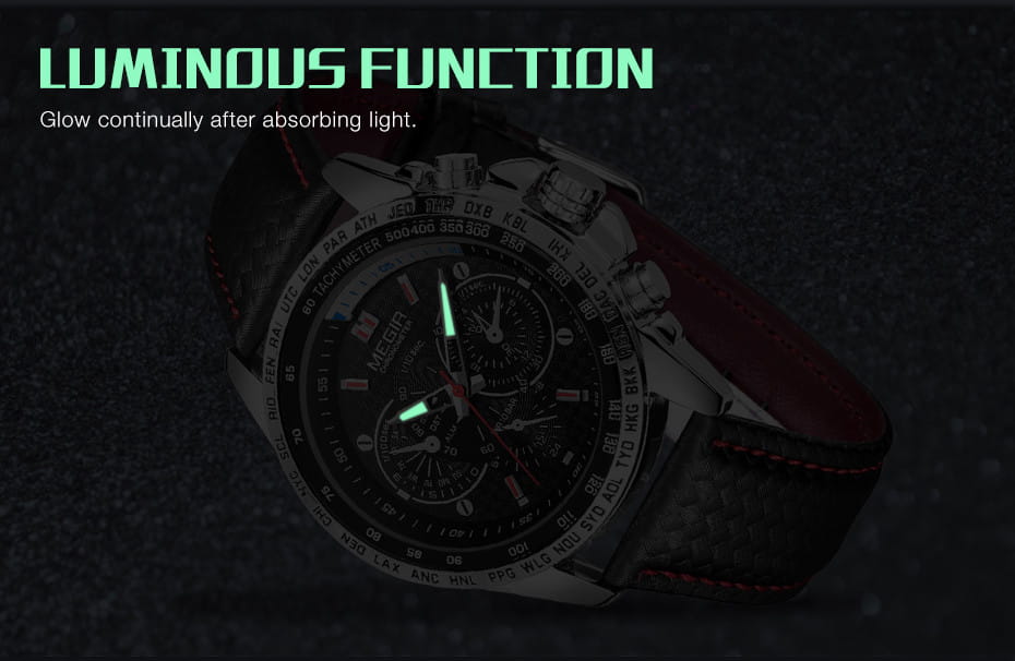 Megir 1010 men quartz chronograph watch with a black dial, silver-toned case, red-stitched leather strap, and glowing hands with luminous function for low light visibility.