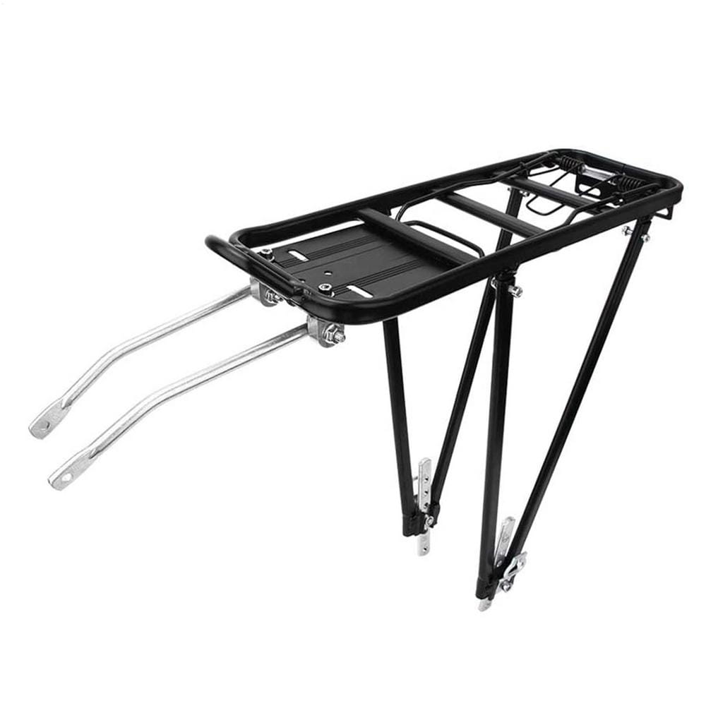Black metal aluminum rear bicycle carrier bike cargo rack with flat platform and adjustable legs shown from the back side.